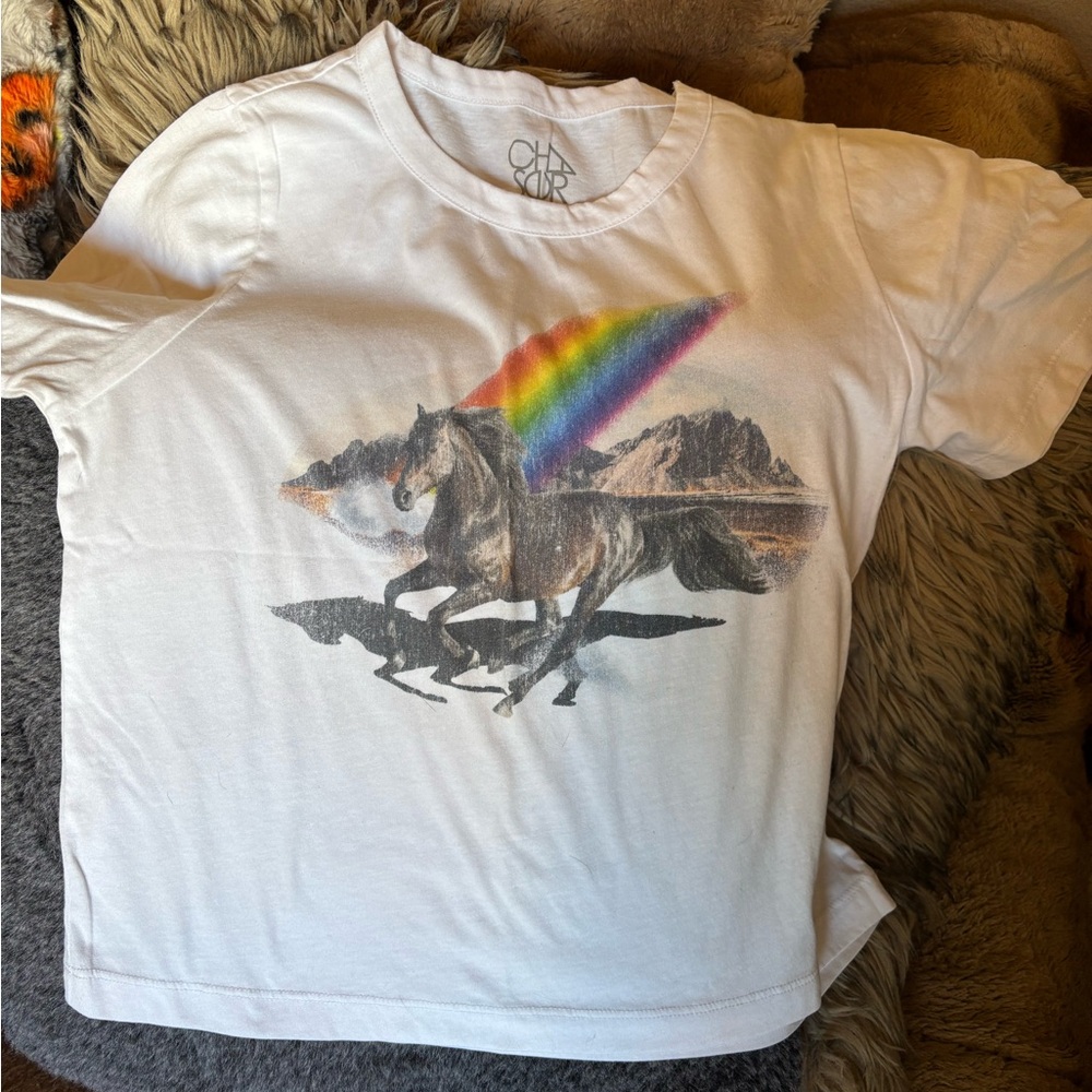 Chaser White Tee with Rainbow and Horse Graphic